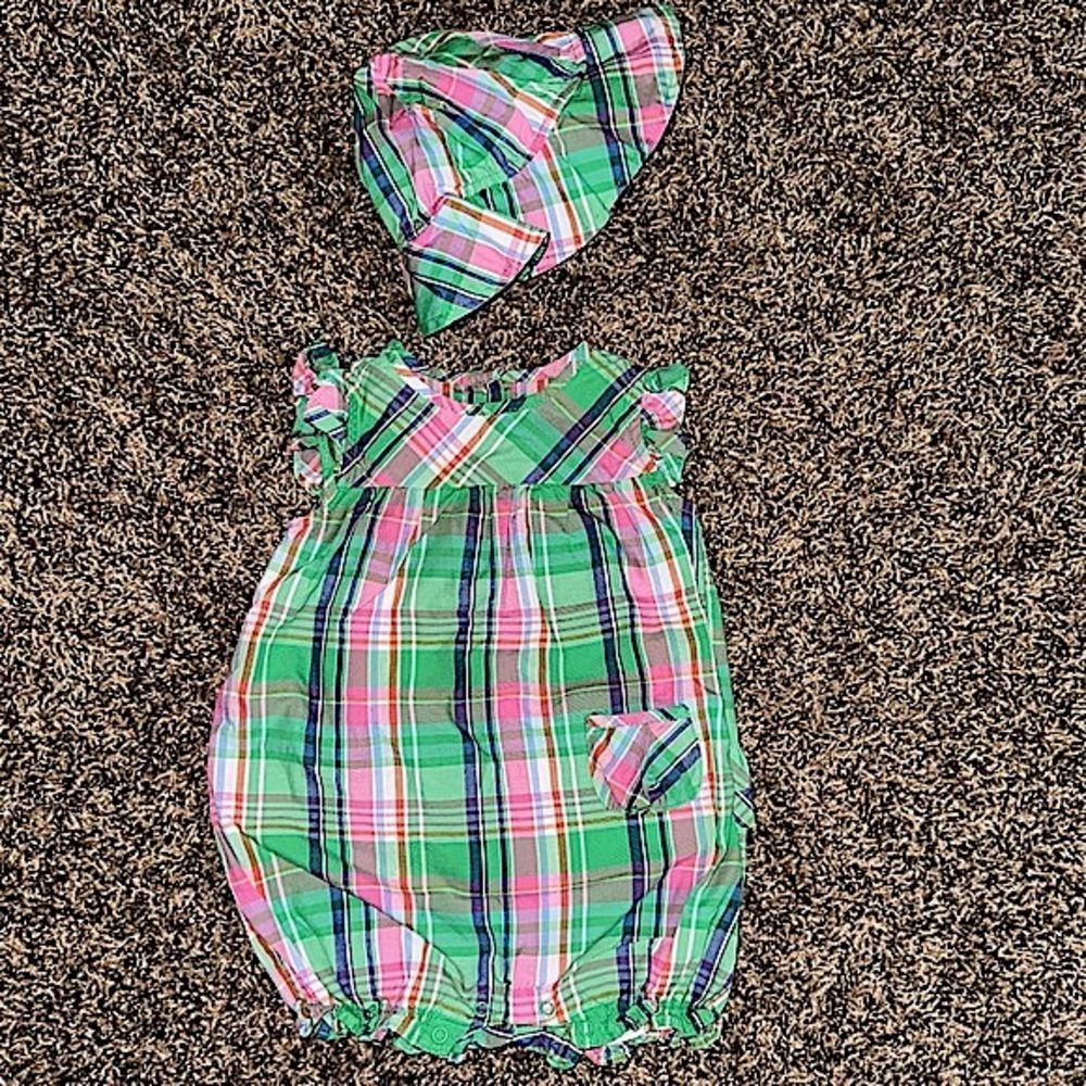 Chaps Baby Girl Romper Bonnet Hat Plaid Green Pink Ruffle 9mo